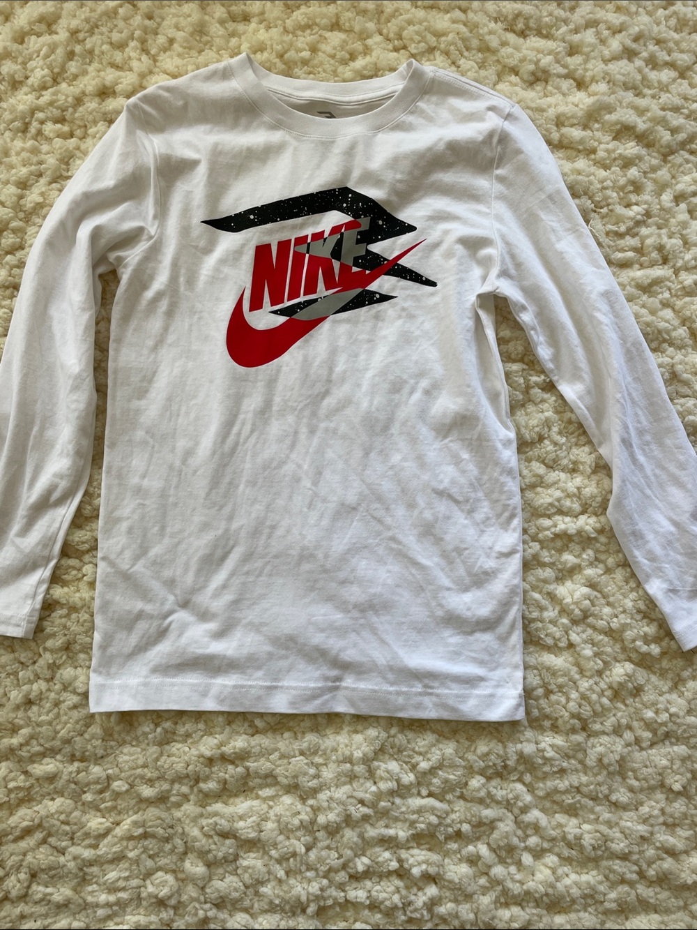 Nike White Long Sleeve Tee with Red Swoosh and Black Graphic